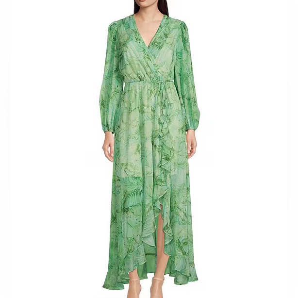 Nwt Alex Marie Palm Print Surplice V-Neck Chiffon Long Sleeve Maxi Dress 24